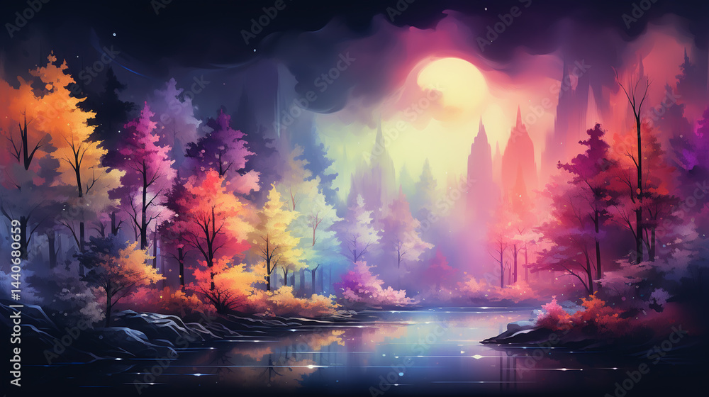 Fototapeta premium Watercolor painting morning on the lake in the reflection of water, fabulous landscape