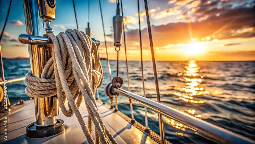 Obraz premium Detailed shot of yacht rigging and ropes with blurred ocean in the background, clean nautical aesthetic with warm sunlight reflecting on metal surfaces