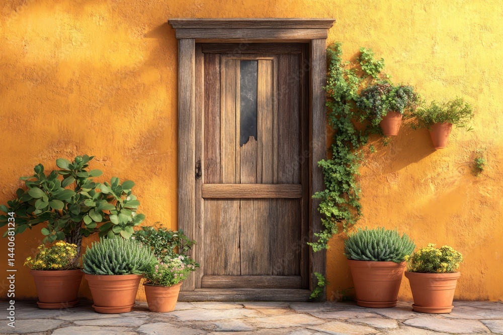 Naklejka premium Exterior facade of a rustic building with a wooden door.