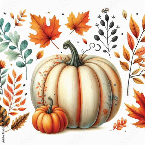 Watercolor Autumn Pumpkin Clipart, Fall Floral Leaves, Watercolor Autumn Leaves and Pumpkin Illustrations, Festive Fall Clipart, Generative AI on white Background