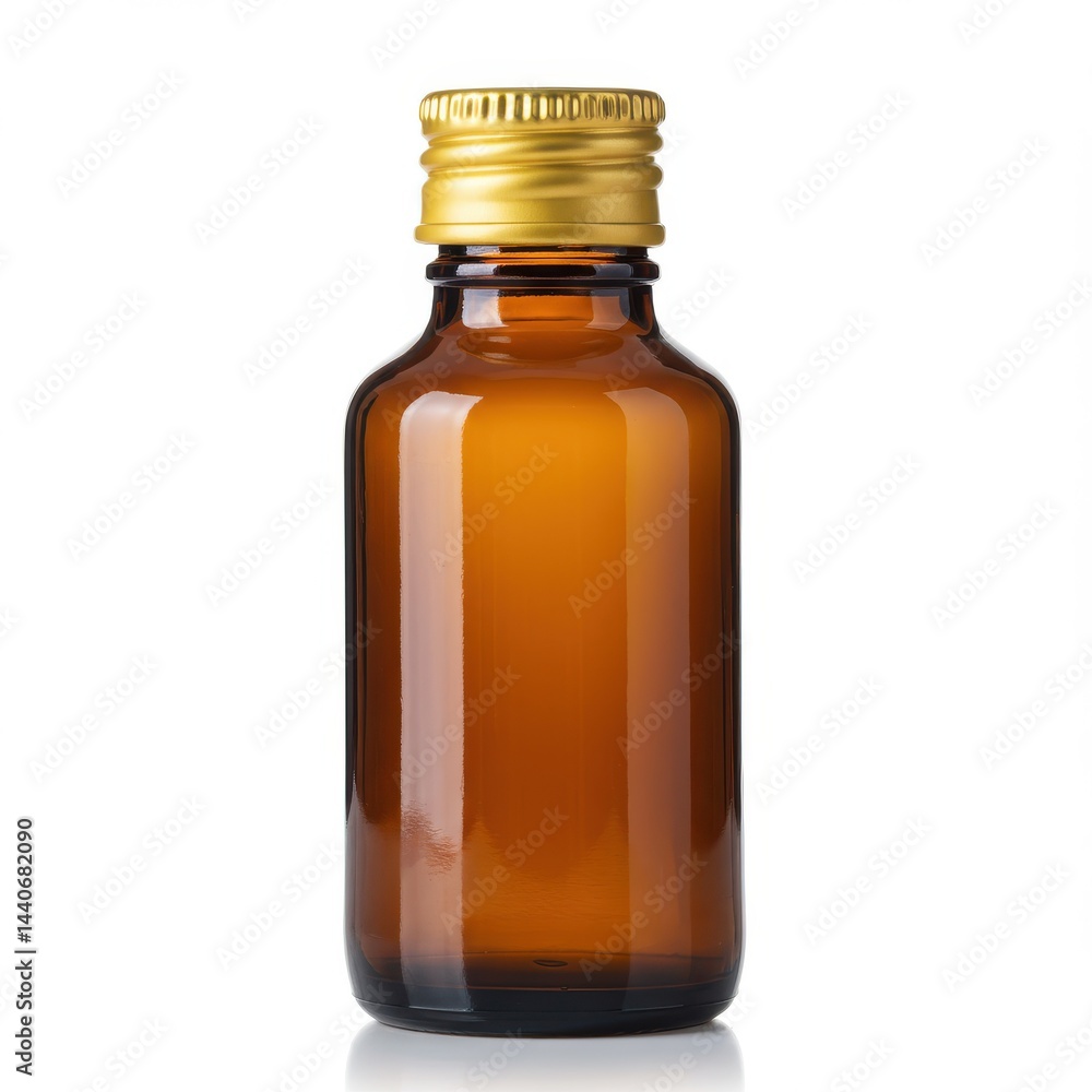 Amber bottle with gold cap isolated on white background Amber bottle with gold cap isolated on white background