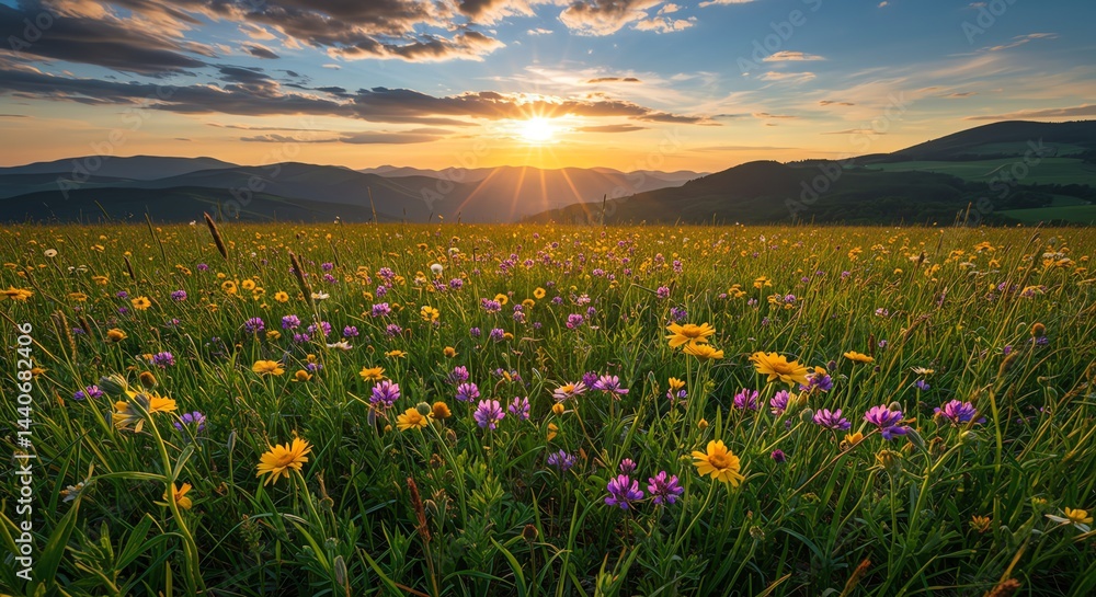 Obraz premium Wildflower Meadow at Sunset with Mountain Backdrop