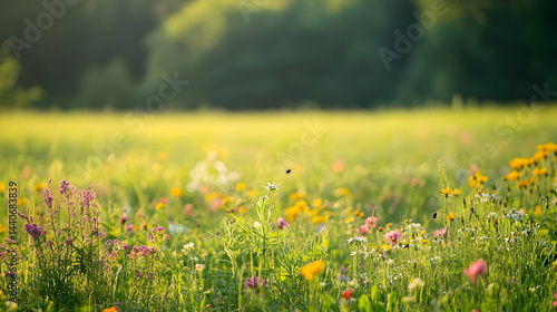Fototapeta Naklejka Na Ścianę i Meble -  Beautiful summer meadow with colorful wildflowers and insects