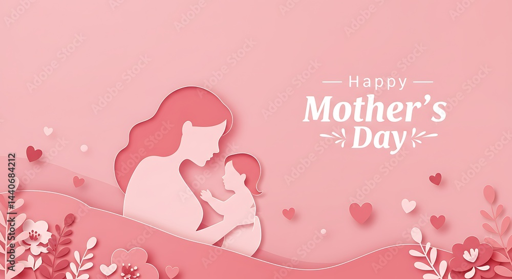 PAPER CUT DESIGN MOTHER'S DAY FEATURING A MOTHER AND CHILD IN A TENDER MOMENT AGAINST A SOFT PINK BACKGROUND WITH DELICATE FLORAL ELEMENTS AND SUBTLE SHADOWS ADDING DEPTH TO THE WEB BANNER PAPER CUT DESIGN MOTHER'S DAY FEATURING A MOTHER AND CHILD IN A TENDER MOMENT AGAINST A SOFT PINK BACKGROUND WITH DELICATE FLORAL ELEMENTS AND SUBTLE SHADOWS ADDING DEPTH TO THE WEB BANNER