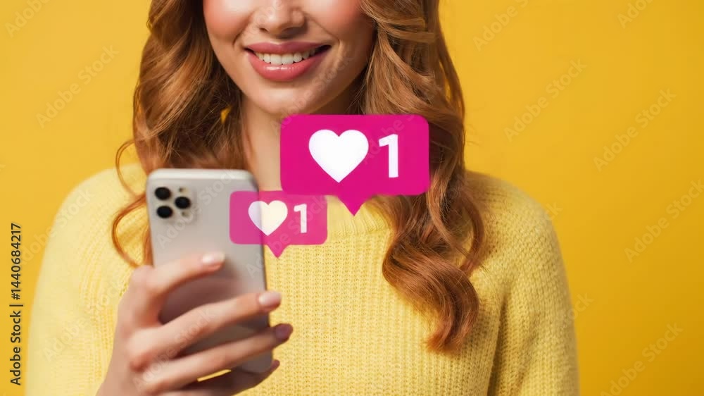 Using a Mobile Device Smiling Woman in Yellow Indoor Using a Mobile Device Smiling Woman in Yellow Indoor