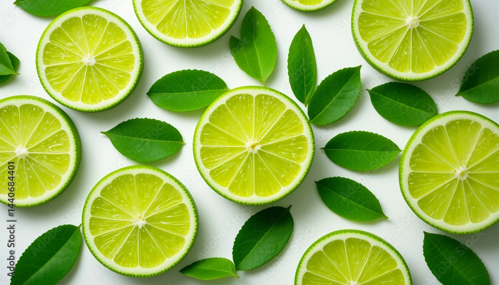 Vibrant Lime Slices and Fresh Green Leaves on White Background Vibrant Lime Slices and Fresh Green Leaves on White Background