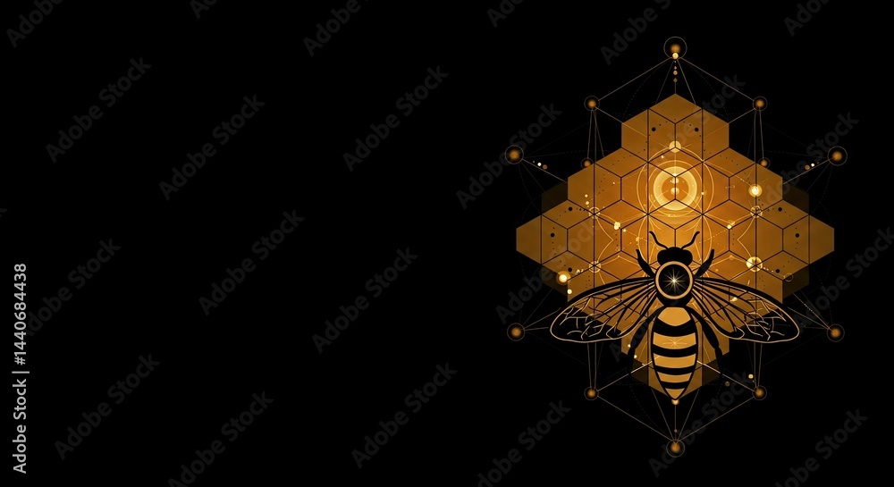 Naklejka premium Geometric bee on honeycomb. Apiculture and honey production. Modern poster for world bee day, banner for beekeeping shop, geometrical print for invitation or postcard design