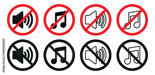 No Music Allowed Sign. No Audio Sign. Noise prohibition symbol. Megaphone ban sign in the circle isolated on white background. Vector illustration