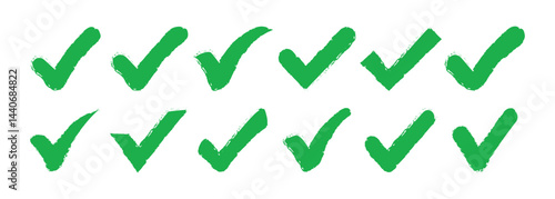 Green grunge Check marks doodle set. Hand drawn chalk checklist, checkbox, green tick  in sketch style. Charcoal pencil correct symbols. Crayon checkmarks, yes elements.