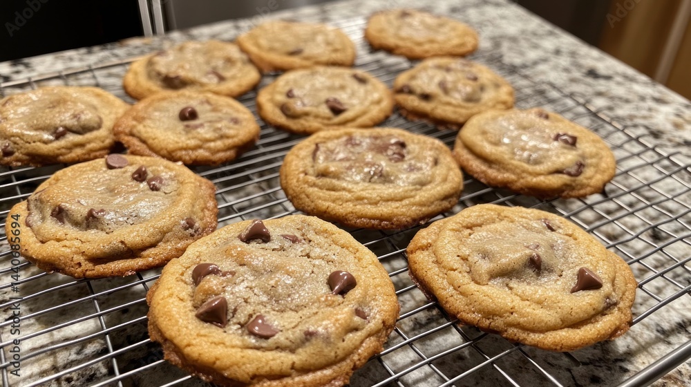 Golden-brown chocolate chip cookies cooling on a wire rack. Golden-brown chocolate chip cookies cooling on a wire rack.