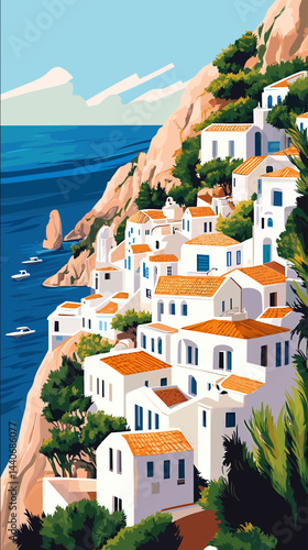 vector illustration Cityscape of Anafi in Greece touristic advertisement poster