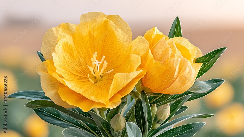 Obraz premium Vibrant yellow flowers bloom in a garden, with detailed petals and green leaves. Soft, blurred background