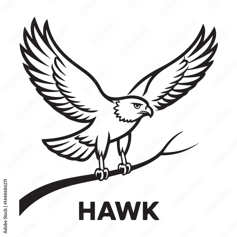 Obraz premium Hawk bird simple black line art image, Black bold outline vector icon, Bird vector illustration. with white background