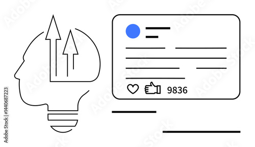 Profile silhouette with upward arrows in bulb shape beside a digital interface showing thumbs ups and followers. Ideal for growth, creativity, technology, digital marketing, innovation, connection