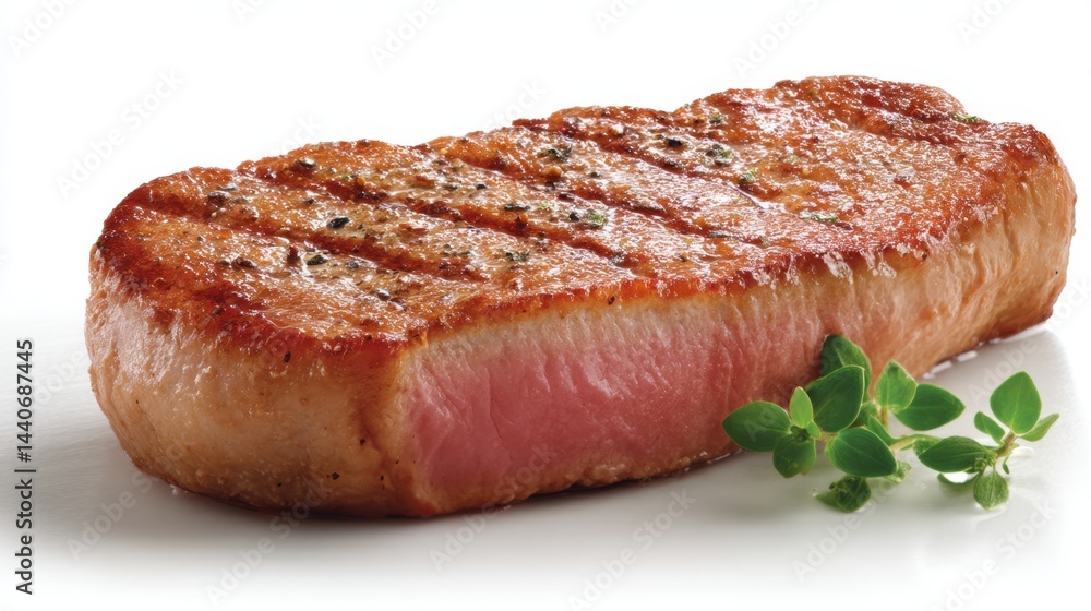 Grilled pork chop perfection culinary delight showcasing succulent texture and vibrant color served with fresh herb garnish on clean white background Grilled pork chop perfection culinary delight showcasing succulent texture and vibrant color served with fresh herb garnish on clean white background