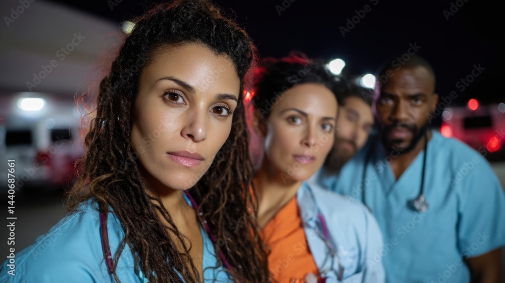 Fototapeta premium Group of Diverse Emergency Medical Professionals Standing Outdoors at Night