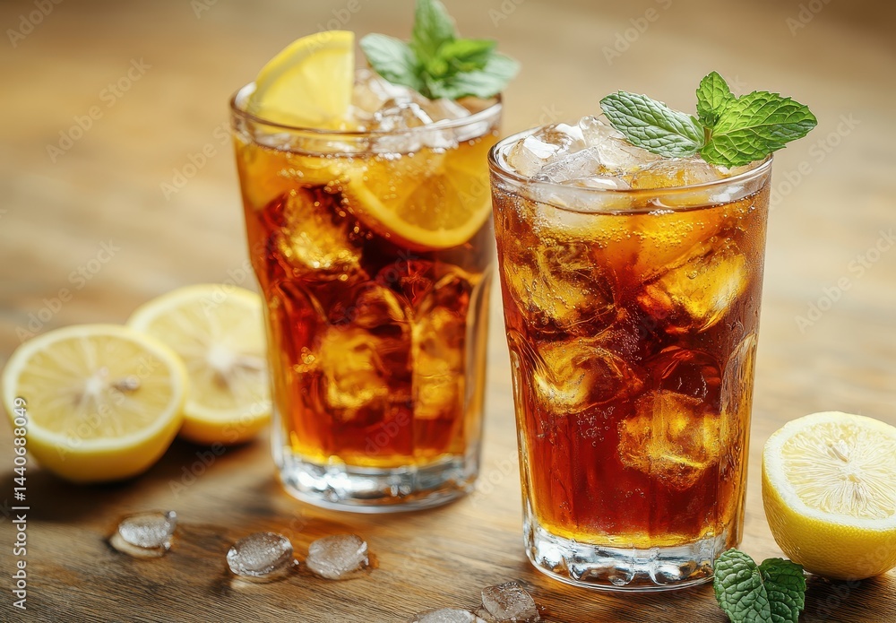 Refreshing Iced Tea with Lemon and Mint Garnish Served in Glasses on Rustic Wooden Table with Ice Cubes and Lemon Slices Refreshing Iced Tea with Lemon and Mint Garnish Served in Glasses on Rustic Wooden Table with Ice Cubes and Lemon Slices