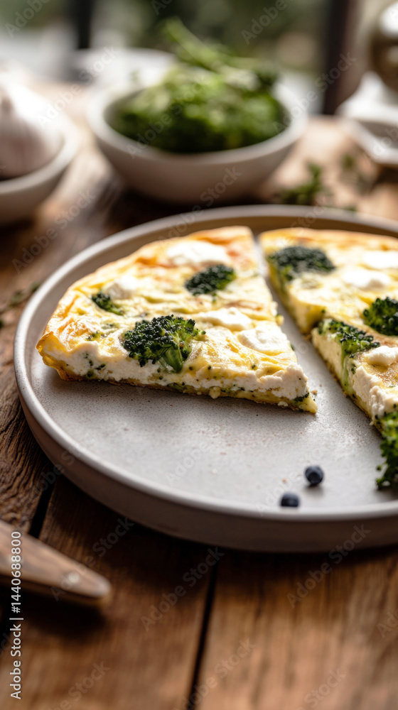 Freshly baked frittata slices with soft broccoli pieces, rich goat cheese, and a crispy Parmesan top. Served warm, this dish brings a comforting and rustic charm to the table Freshly baked frittata slices with soft broccoli pieces, rich goat cheese, and a crispy Parmesan top. Served warm, this dish brings a comforting and rustic charm to the table