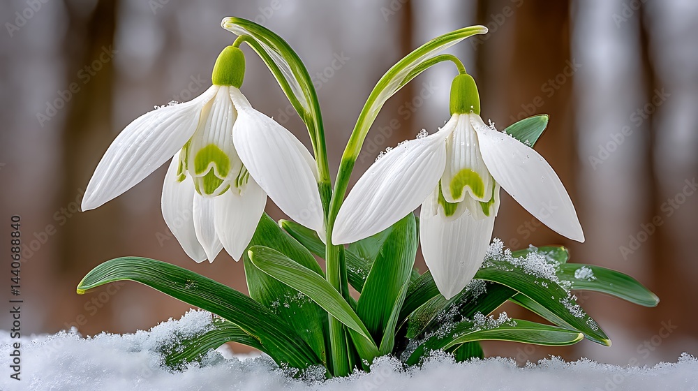 Obraz premium Delicate snowdrop flowers bloom amidst melting snow, showcasing spring's arrival with pristine beauty