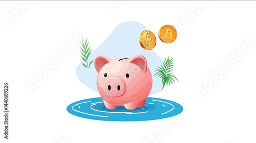 Minimalist piggy bank with floating coins financial management idea soft pastel tones highquality vector art