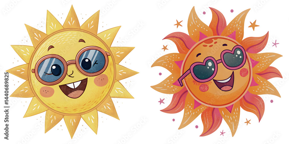 Cute smiling sun characters wearing sunglasses with cheerful expressions on a white background, AI generative
Cute smiling sun characters wearing sunglasses with cheerful expressions on a white background, AI generative
