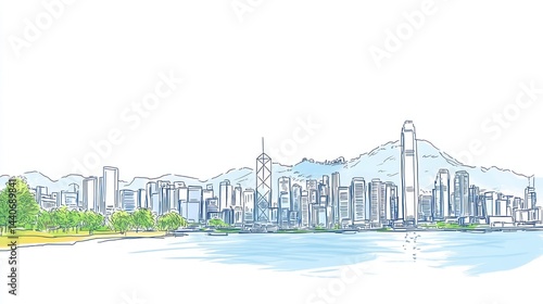 Hong Kong Skyline Sketch, Cityscape, Drawing, Water, Hills, Park, Urban, View