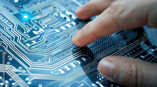 The AI module generates an AI model. A person touches the digital interface on the circuit board, symbolizing the interaction between humans and AI.