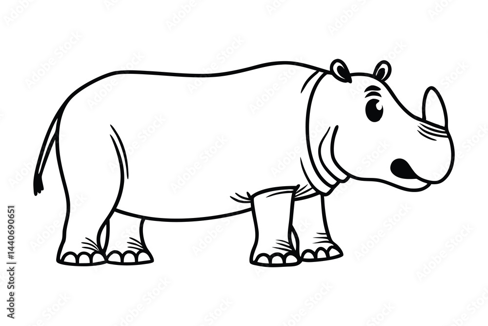 Fototapeta premium Cute Cartoon Rhino Line Art Drawing, Simple Black and White Rhinoceros Sketch, Adorable Animal Outline for Kids Coloring Pages.