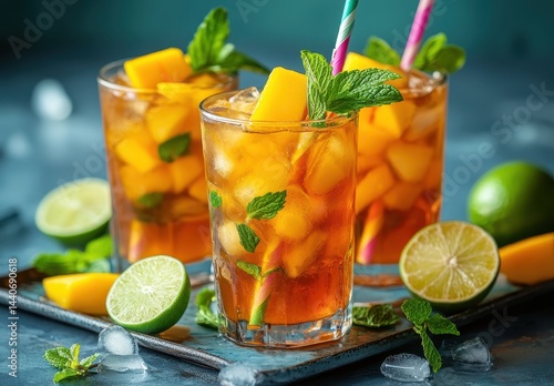 Refreshing Mango Mint Iced Tea in Tall Glasses with Fresh Lime Slices and Mint Leaves on a Blue Background