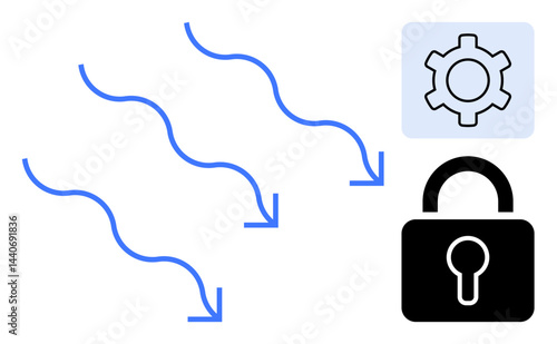 Blue arrows illustrate data flow, a gear represents settings or system management, and a lock signifies security. Ideal for technology, cybersecurity, data transfer, system optimization, privacy