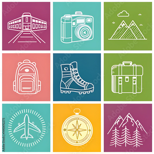 A collection of flat vector pictograms represents a set of computer icons and web buttons for internet and business design