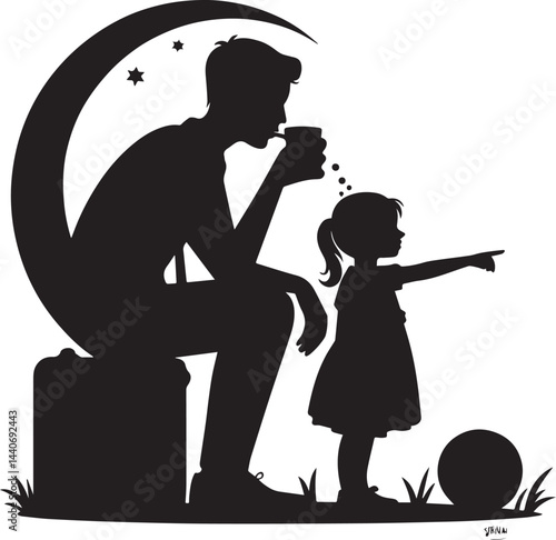 A peaceful black and white silhouette of a father and daughter sharing a loving moment under a crescent moon with subtle details like a soccer ball and suitcase adding depth to their bond