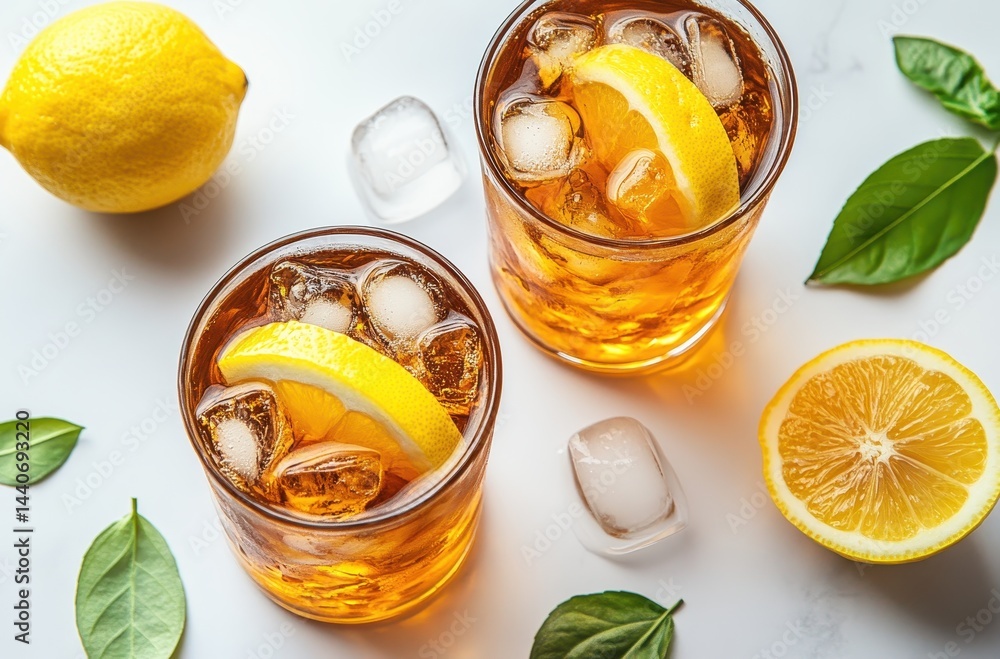 Refreshing Summer Beverage with Lemon Garnish, Ice Cubes, and Green Leaves on Marble Background for a Vibrant and Inviting Atmosphere Refreshing Summer Beverage with Lemon Garnish, Ice Cubes, and Green Leaves on Marble Background for a Vibrant and Inviting Atmosphere