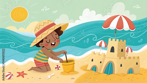 A woman and a girl enjoy the summer sun on the sandy beach by the sea