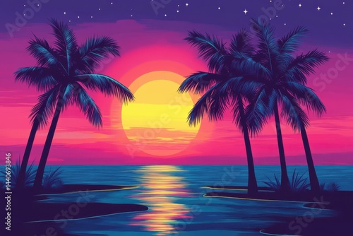 Two palm trees silhouetted against a vibrant sunset over the ocean with a starry purple sky above