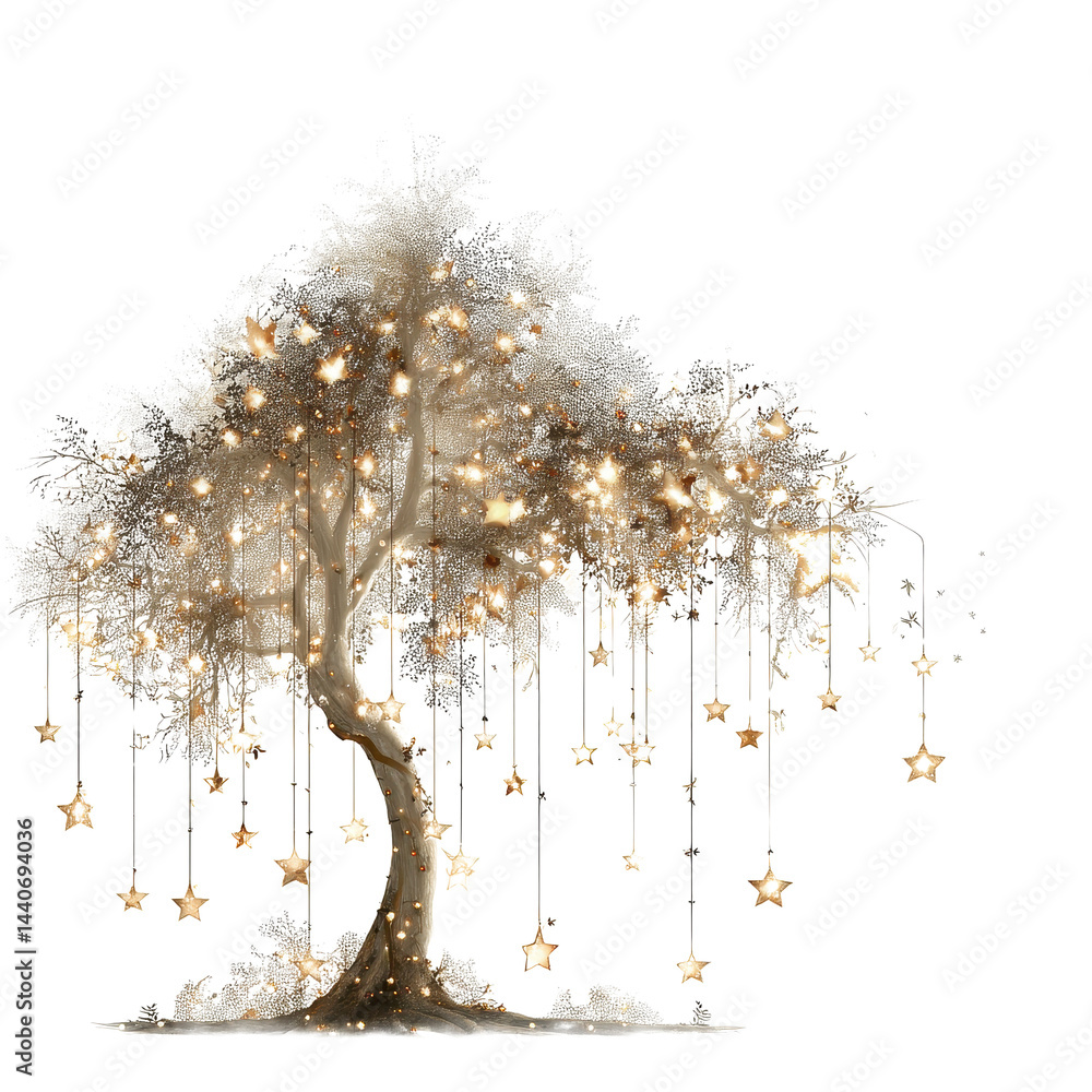 Fototapeta premium Magical Sparkling Tree with Hanging Stars Festive Holiday Decor and Winter Wonderland Scene
