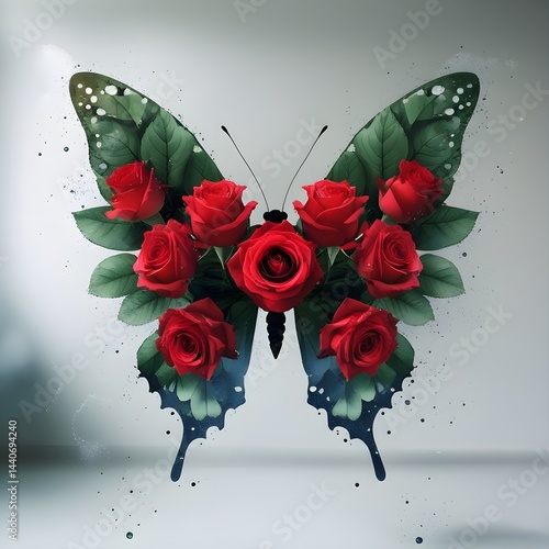 Creative Butterfly Design Made of Red Roses and Green Leaves – Floral Fantasy Art