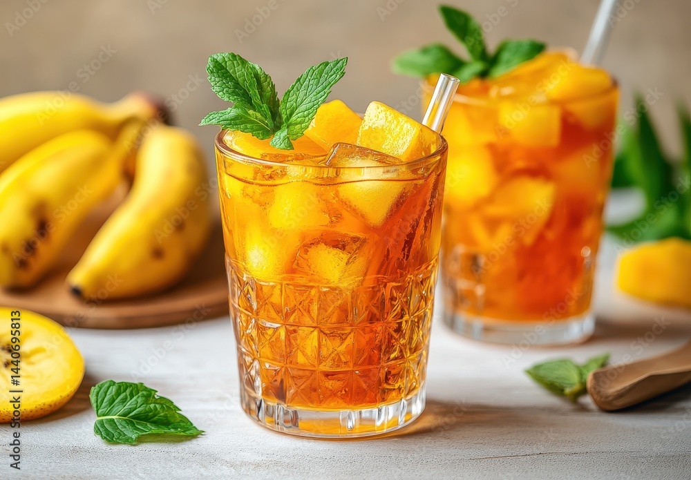 Fototapeta premium Refreshing tropical summer drink with ice cubes, fresh mangoes, mint leaves, and yellow bananas on a wooden table background