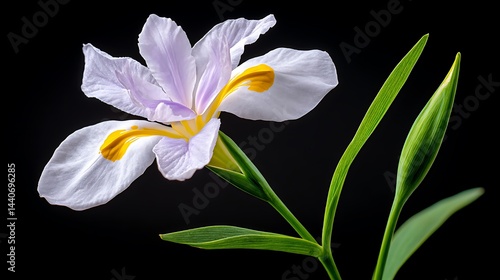 Delicate, white iris bloom with yellow accents and green stem/bud on a stark black backdrop