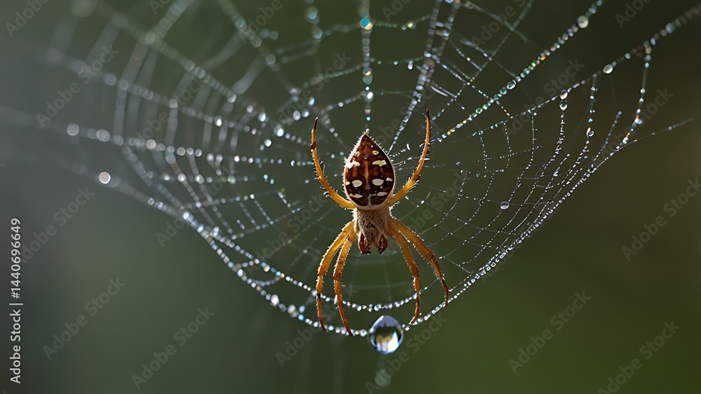 Spider on Orb Web with Large Dewdrop Spider on Orb Web with Large Dewdrop