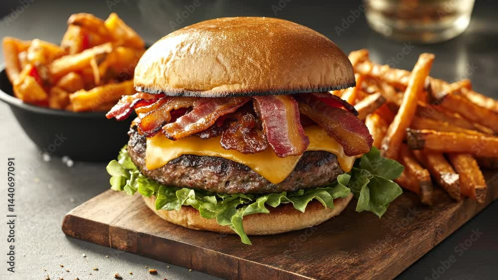 Juicy cheeseburger with crispy fries and refreshing drink in restaurant setting Juicy cheeseburger with crispy fries and refreshing drink in restaurant setting