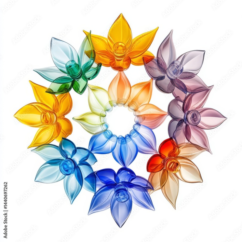 Fototapeta premium A vibrant arrangement of colorful translucent flowers, creating a stunning circular pattern. Perfect for decorative use.