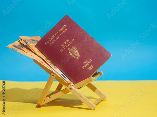 Passport of Ireland on a sun lounger and on yellow sand and blue water background with pile of cash. Irish citizens travel to exotic places concept. Cost and price of sunny holiday theme.