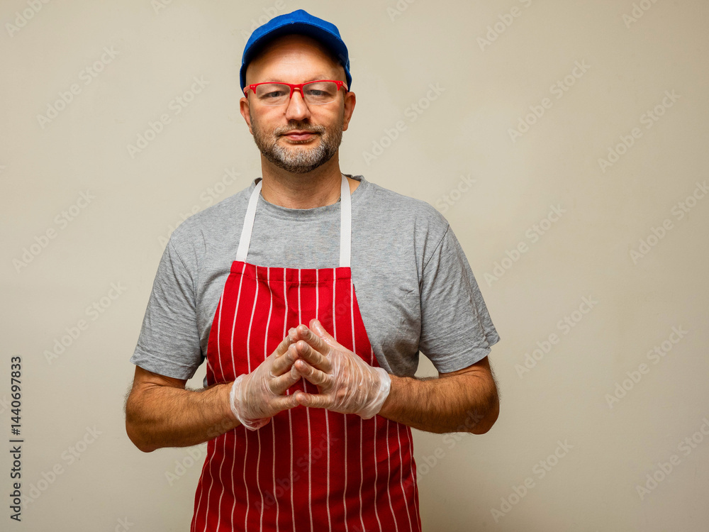 Professional butcher in grey shirt and classic red and white stripe apron and red glasses and blue baseball cap on light color background, Hands together in plastic gloves.