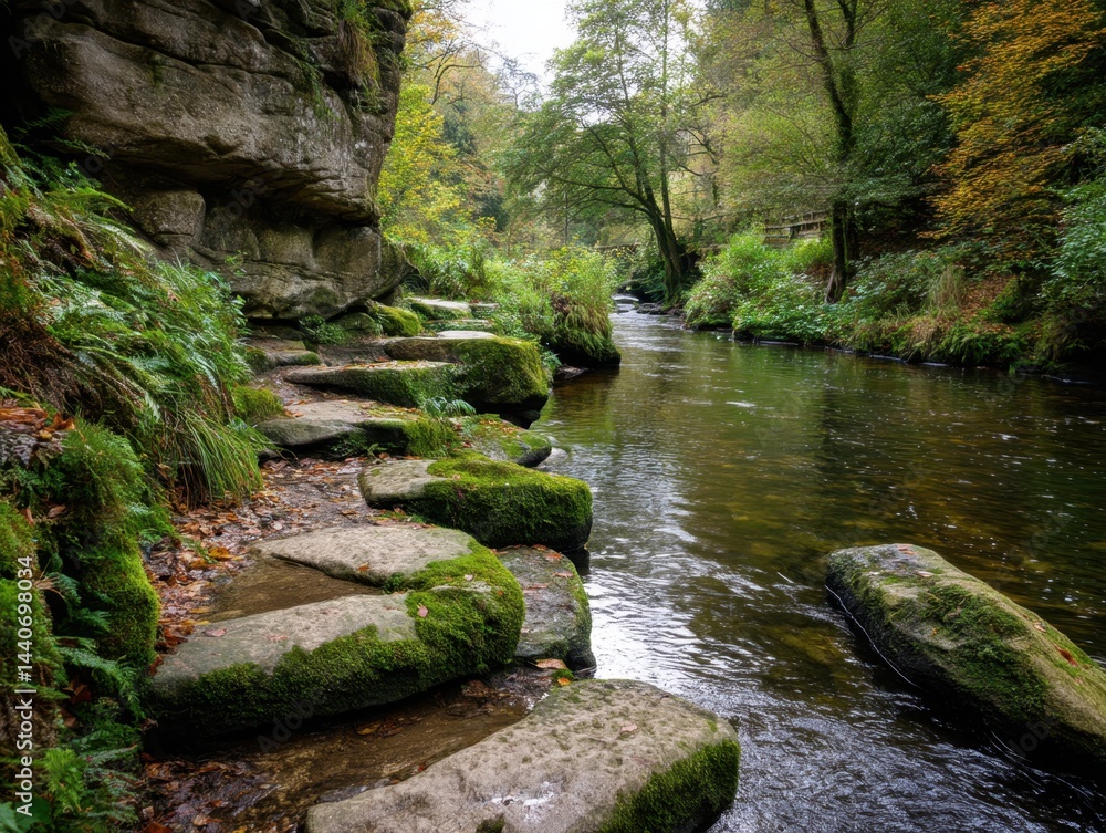 Tranquil river flows through lush green forest landscape with mossy rocks and autumn foliage creating a serene natural scene in a peaceful woodland setting Tranquil river flows through lush green forest landscape with mossy rocks and autumn foliage creating a serene natural scene in a peaceful woodland setting