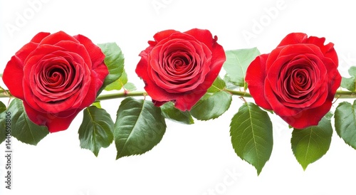 Wallpaper Mural Three Vibrant Red Roses with Lush Green Leaves Against a White Background, Perfect for Romantic Themes and Floral Design Projects Torontodigital.ca