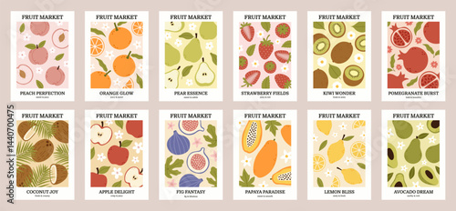 Set of colorful fruit market modern posters with hand-drawn peaches, oranges, pears, strawberries, kiwi, pomegranates, coconuts, apples, figs, papayas, lemons,avocados