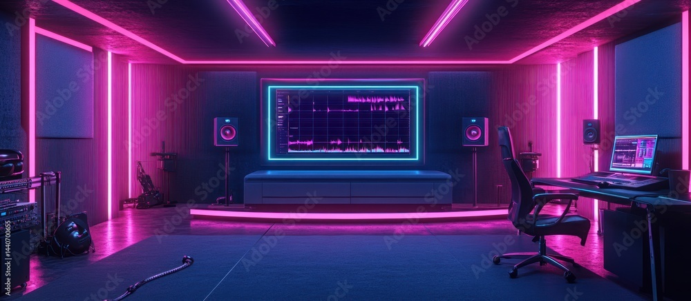 Neon-lit modern music studio with computer, speakers, and gaming chair. Neon-lit modern music studio with computer, speakers, and gaming chair.