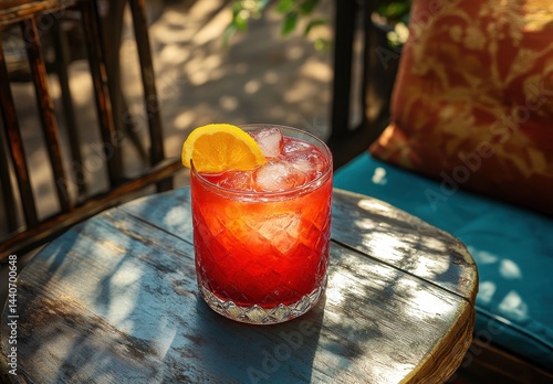 Wallpaper Mural Vibrant Red Cocktail with Ice and Lemon Garnish on Rustic Wooden Table in Bright Outdoor Setting Surrounded by Lush Greenery and Cozy Seating Torontodigital.ca