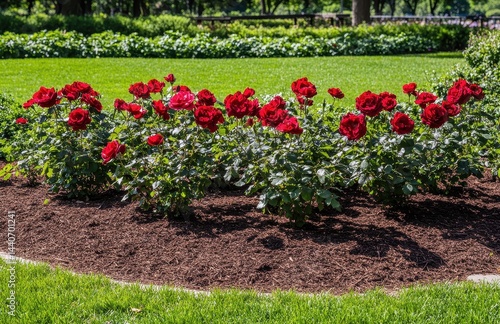 Wallpaper Mural Vibrant Red Roses Blooming in a Lush Green Park Landscape on a Bright Sunny Day, Beautiful Floral Display in Full Sunlight Torontodigital.ca